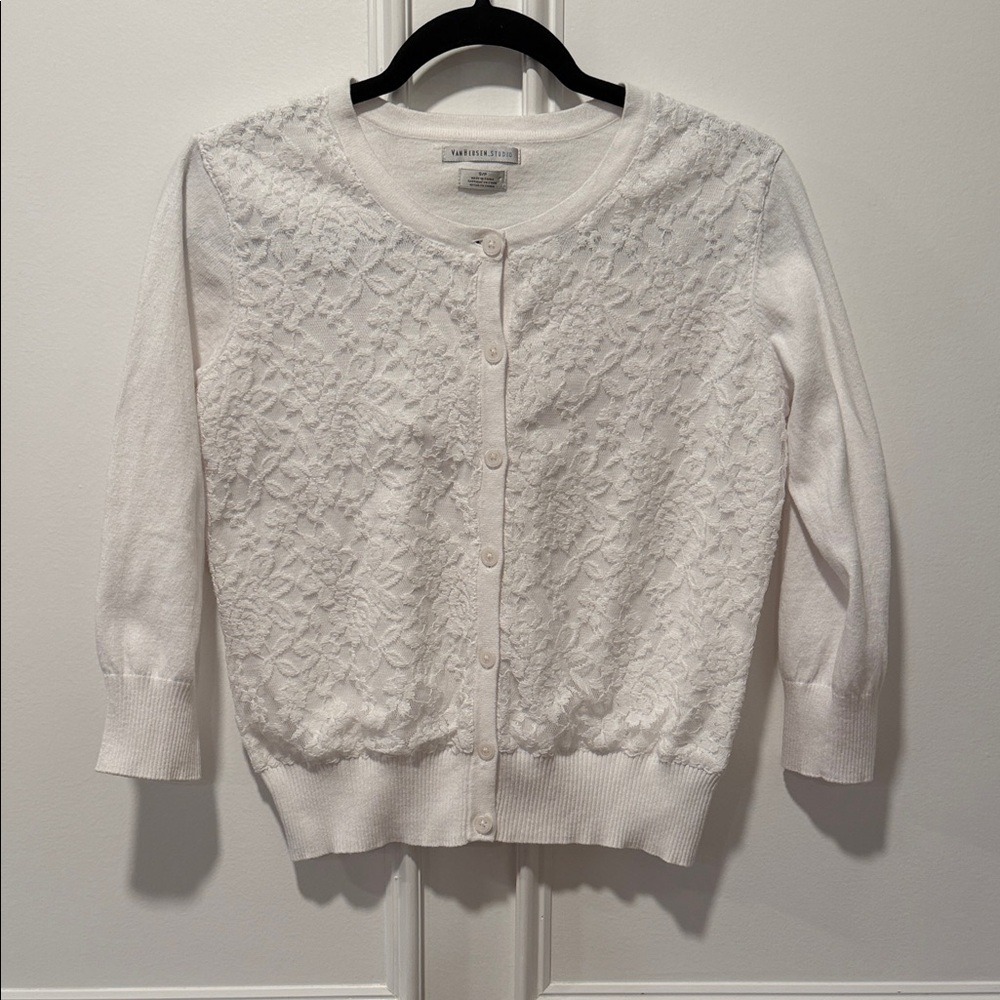 Van Heusen Studio White Lace Cardigan‎ Size S/P Button Front Cotton Blend